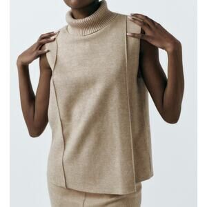 Zara Tan/Beige Turtleneck Ribbed Trim Cozy Sleeveless Sweater Vest Size Large